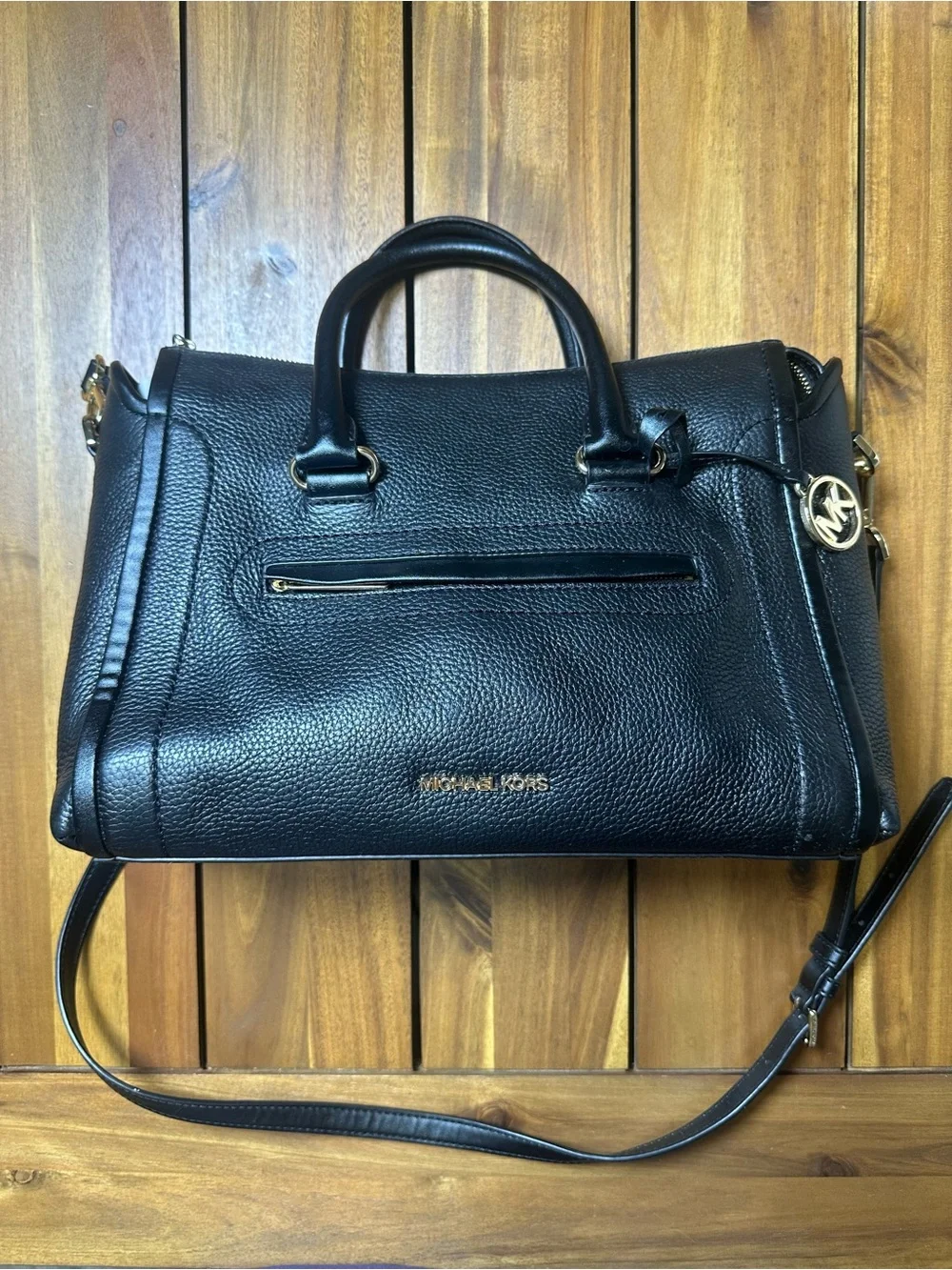Michael Kors Carine Black Pebbled Leather Satchel with Gold Hardware